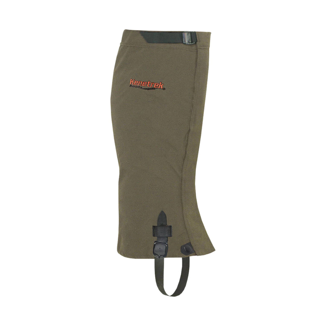Olive green calf-high gaiter with black straps and buckle closure