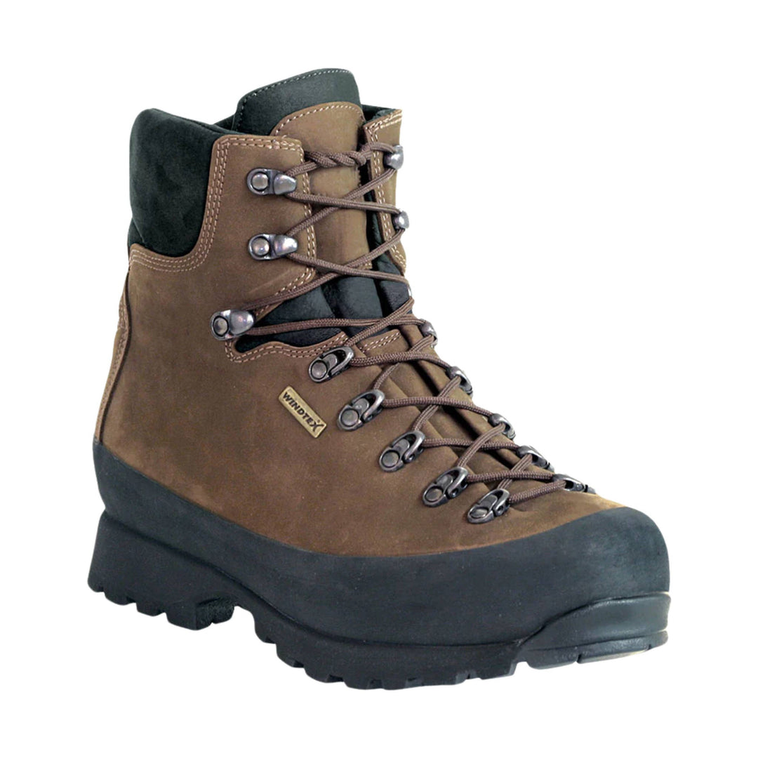 Brown and black lace-up hiking boot with metal eyelets and a thick lug sole