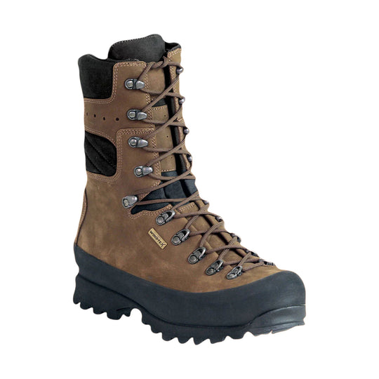 Brown-and-black lace-up hiking boot with a tall insulated shaft and heavy tread sole