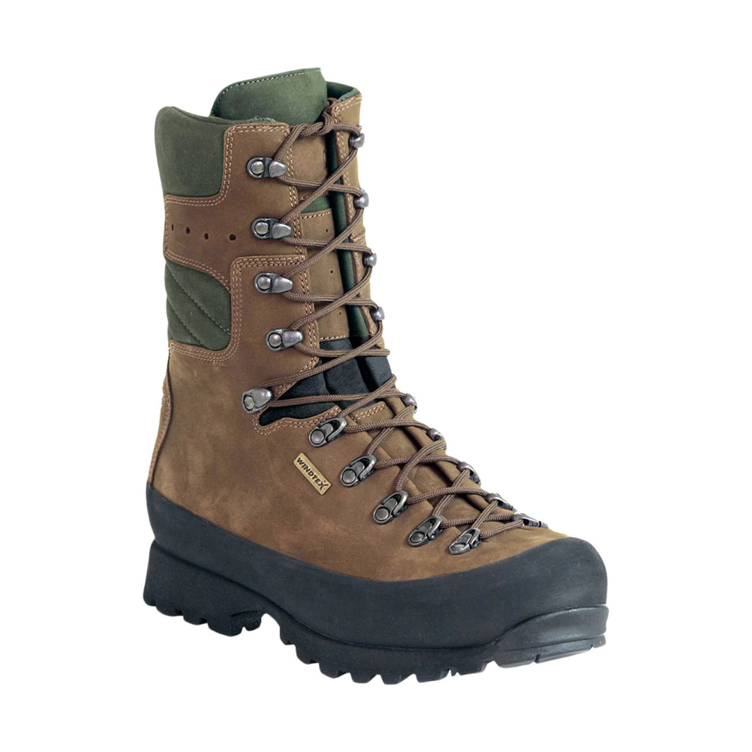 Brown and olive lace-up hiking boot with black rubber toe cap and tall ankle shaft