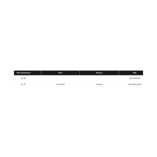 Sizing chart table for palm circumference with Men’s, Women’s, and Kids’ glove sizes