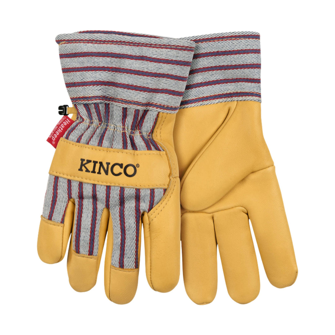 Pair of yellow leather work gloves with striped knit cuffs and KINCO logo