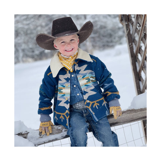 Tan leather kids' work gloves with gray knit cuffs and KINCO branding
