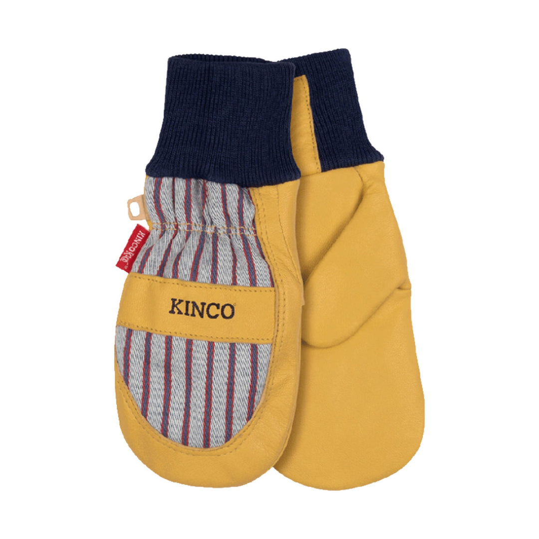 Yellow leather kids' mittens with navy knit cuffs and striped fabric backs
