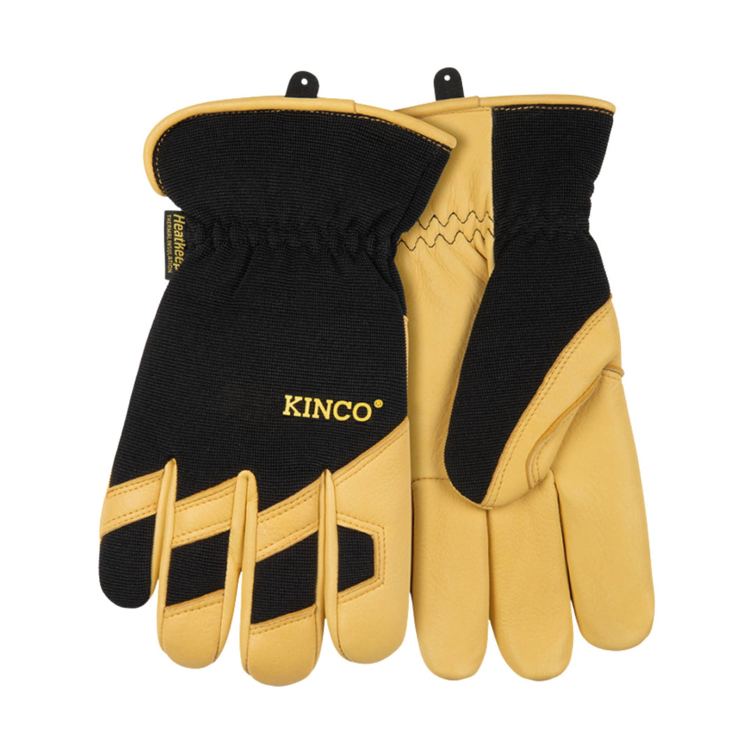 Black and tan work gloves with knit backs and leather palms, shown front and back