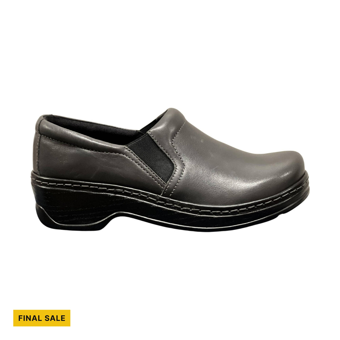Black slip-on clog with a low wedge sole and side elastic panel, marked FINAL SALE