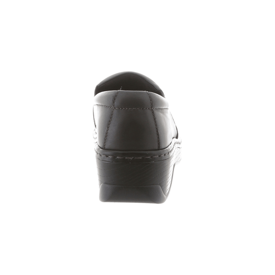 Black leather clog-style shoe shown from the back with a thick sole and visible stitching