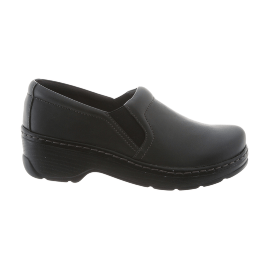 Black slip-on clog with closed toe, side stretch panels, and thick treaded sole