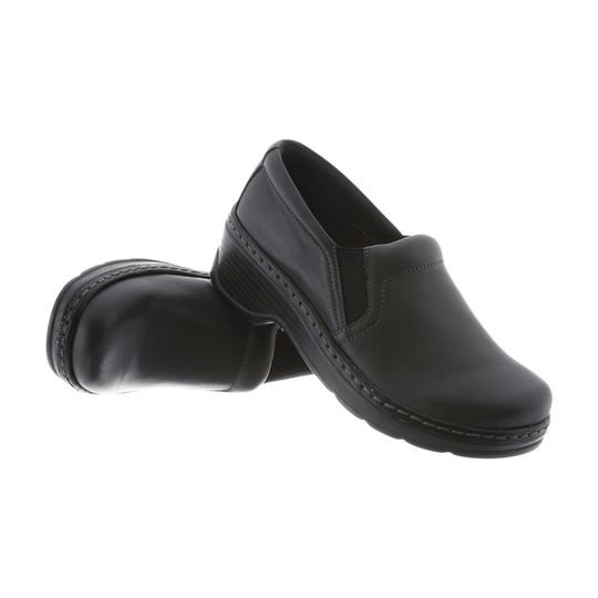 Black slip-on clogs with smooth uppers and stitched soles