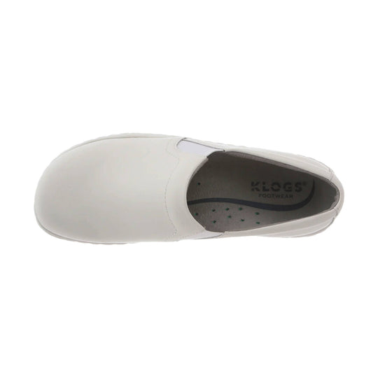 White slip-on clog shoe shown from above