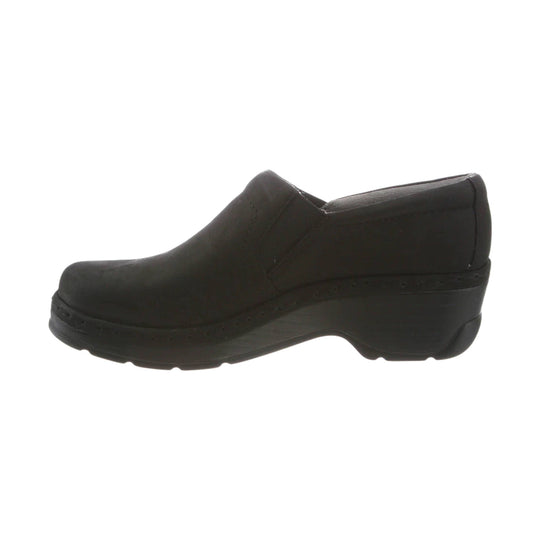 Black suede slip-on clog with a wedge sole and rounded toe