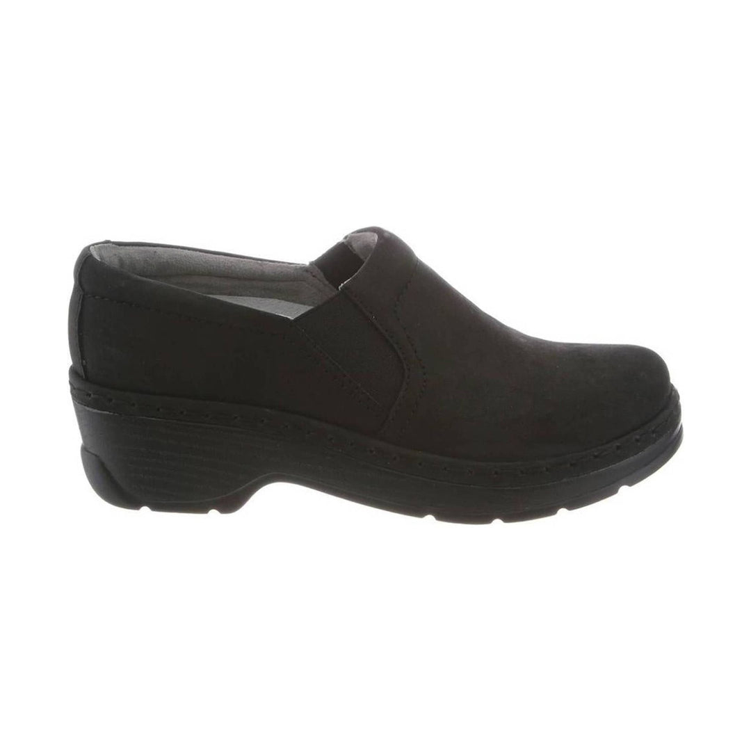 Black slip-on closed-toe clog with a low wedge sole