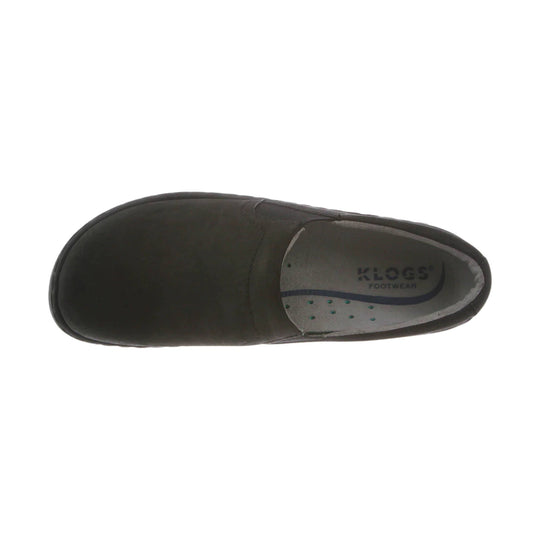 Black closed-toe clog shown from above with KLOGS FOOTWEAR printed on the insole