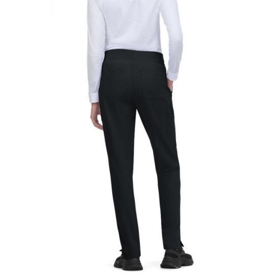 Black straight-leg scrub pants shown from the back with an elastic waistband and side cargo pocket