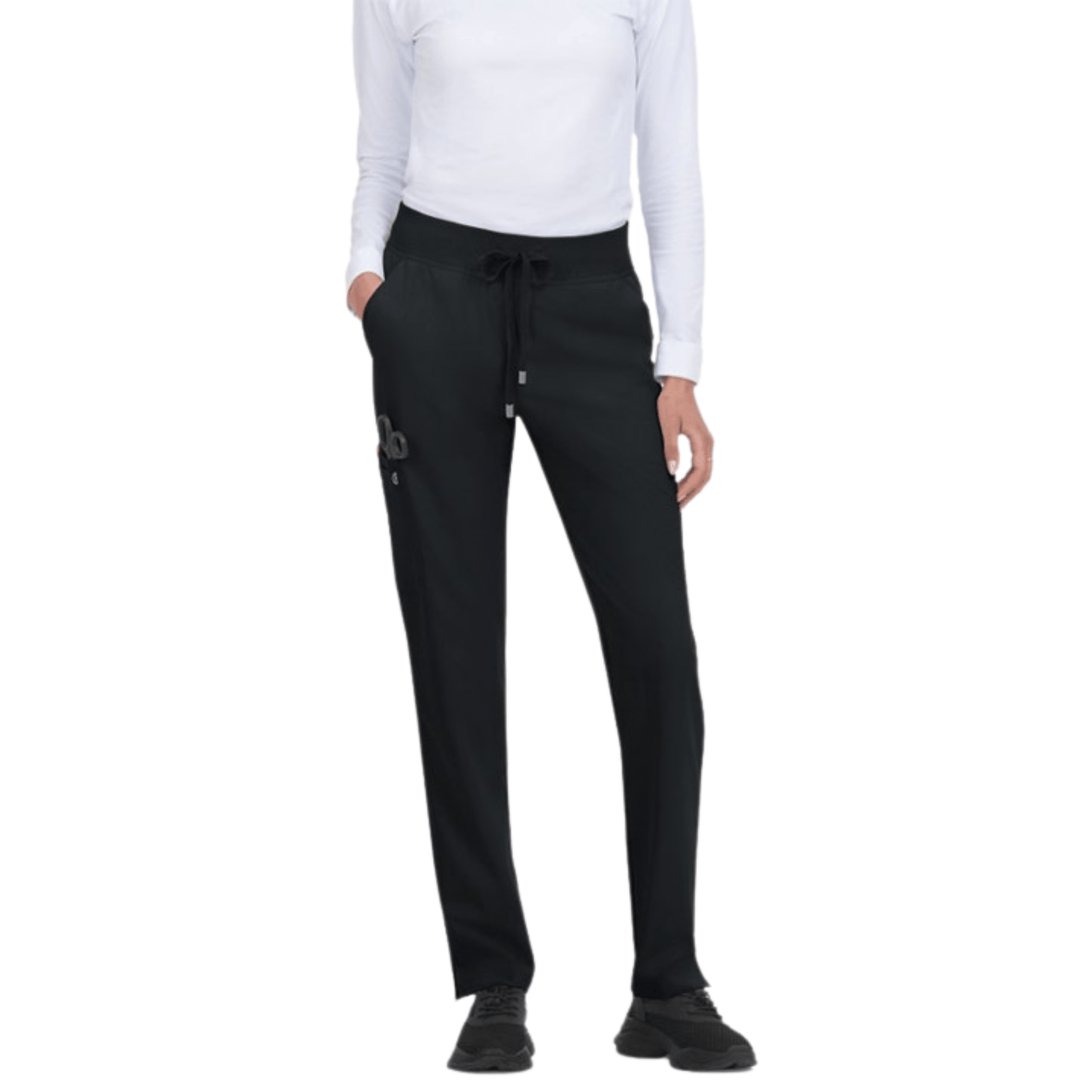 Black scrub pants with drawstring waist and tapered legs
