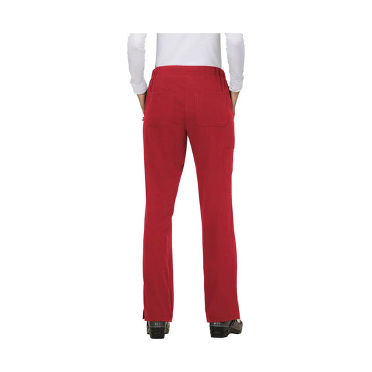 Red straight-leg scrub pants shown from the back with patch pockets and a side cargo pocket.