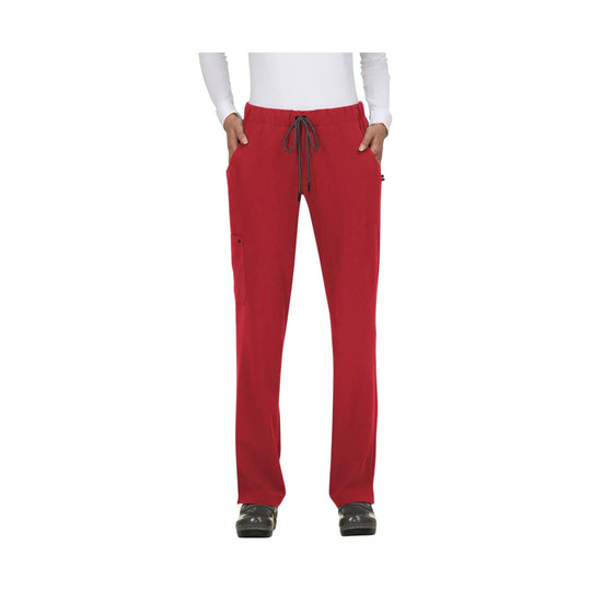Red straight-leg scrub pants with drawstring waist and cargo pocket