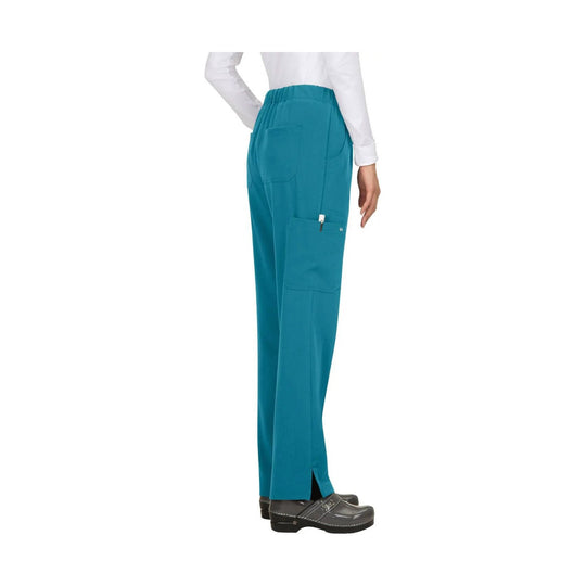Teal straight-leg scrub pants with elastic waistband, cargo pockets, and side ankle slits