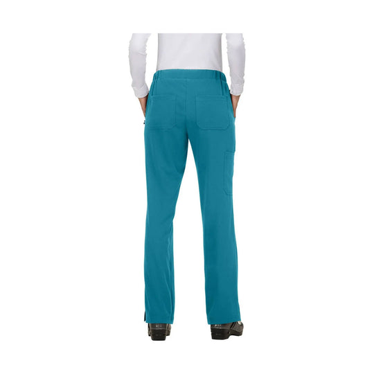 Teal scrub pants shown from the back with patch pockets and a straight leg