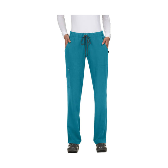 Teal straight-leg scrub pants with elastic waistband, drawstring tie, and side pockets