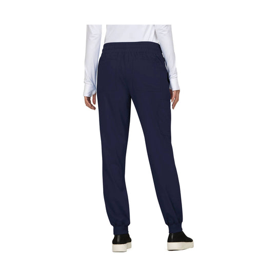 Navy jogger pants with elastic waistband, cargo pockets, and cuffed hems, shown from the back.