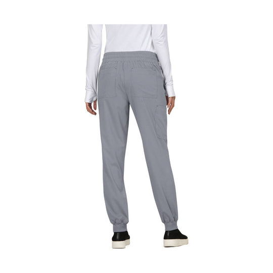 Gray jogger scrub pants shown from the back with an elastic waistband and cuffed ankles