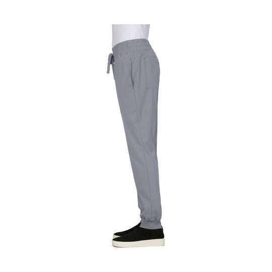 Gray jogger scrub pants with elastic waistband, drawstring tie, side pockets, and tapered cuffs
