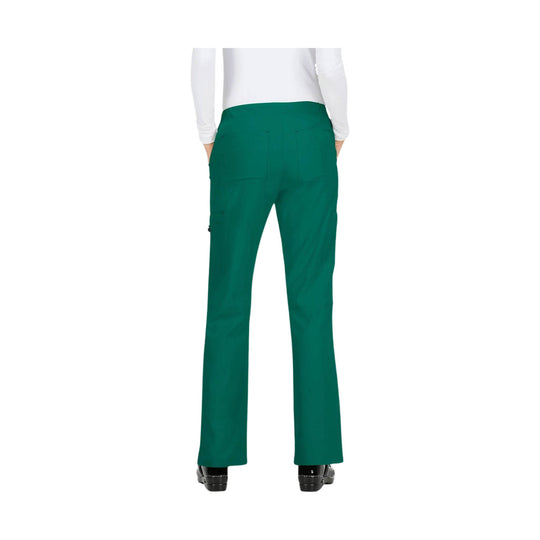Green straight-leg scrub pants shown from the back, with a high waist and cargo pocket detail