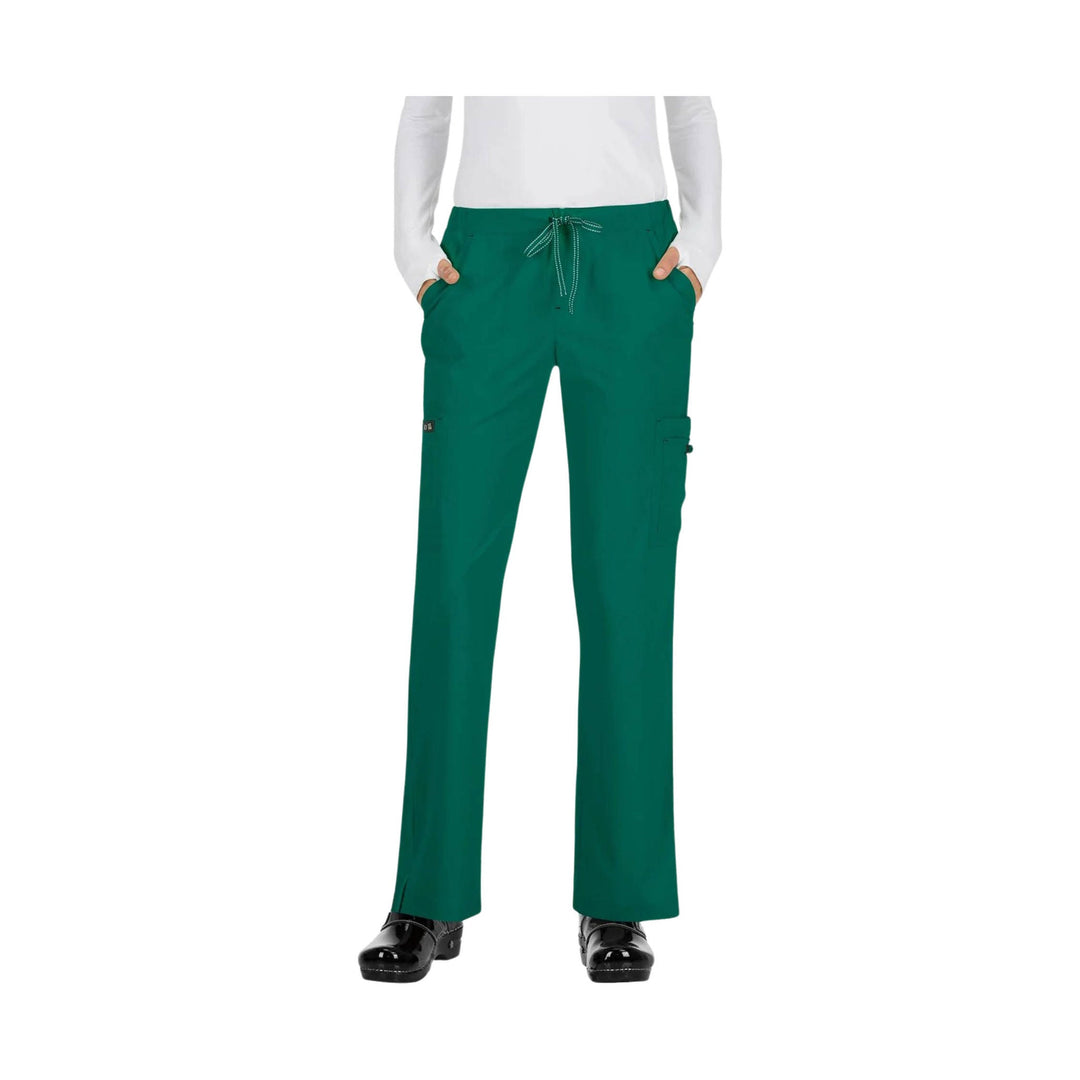 Green scrub cargo pants with drawstring waist and patch pockets