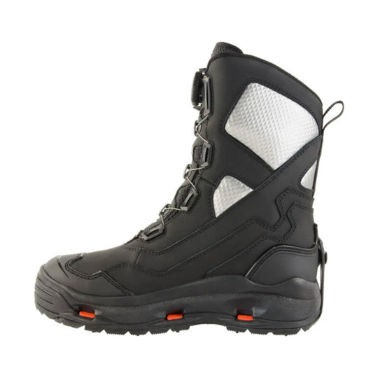 Black winter boot with white side panels, lace-up front, and orange outsole accents