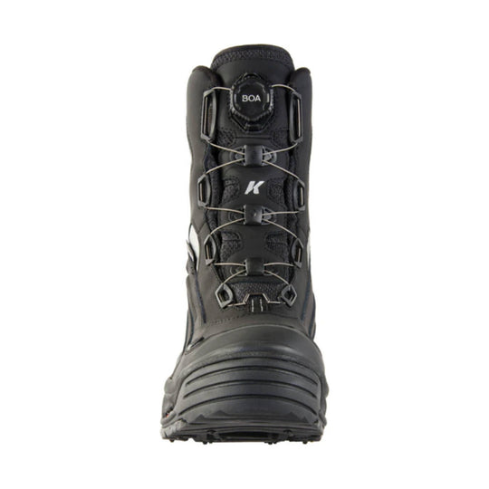 Black winter boot shown from the front with BOA dial lacing and a logo on the tongue