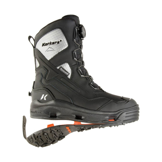 Black winter snow boot with white side panels, lace-up front, and a molded traction sole