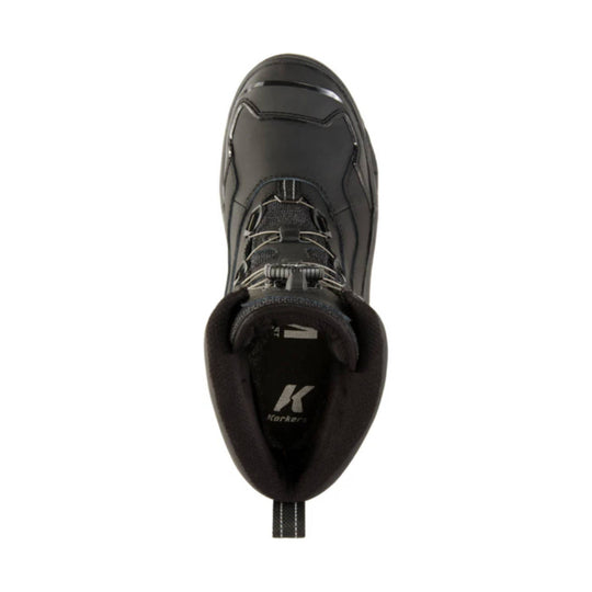 Black insulated winter boot shown from above with bungee laces and a pull tab