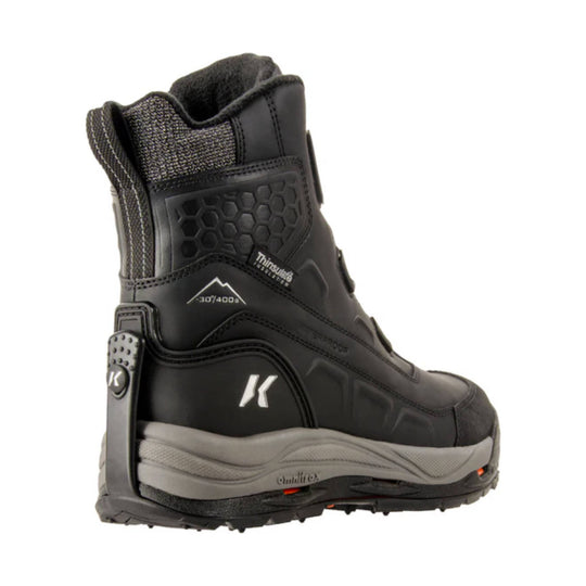 Black winter boot shown in side view with gray midsole, pull tab, and visible insulation markings