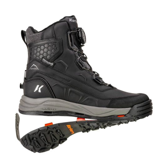 Black insulated lace-up snow boot with BOA dial and rugged tread, shown with side view and outsole view