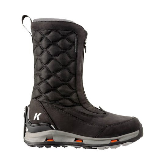 Black quilted winter boot with zipper, pull loop, and gray sole with orange accents