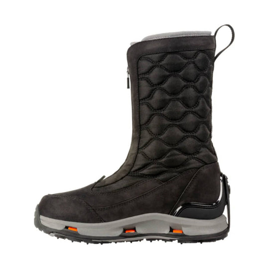 Black insulated winter boot with quilted shaft, zipper on the side, pull loop, and gray treaded sole