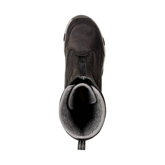 Black winter boot viewed from above with fleece-lined opening and rear pull tab