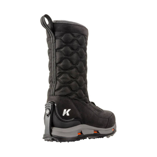 Black quilted winter boot with tall pull-on shaft, side zipper, and gray sole