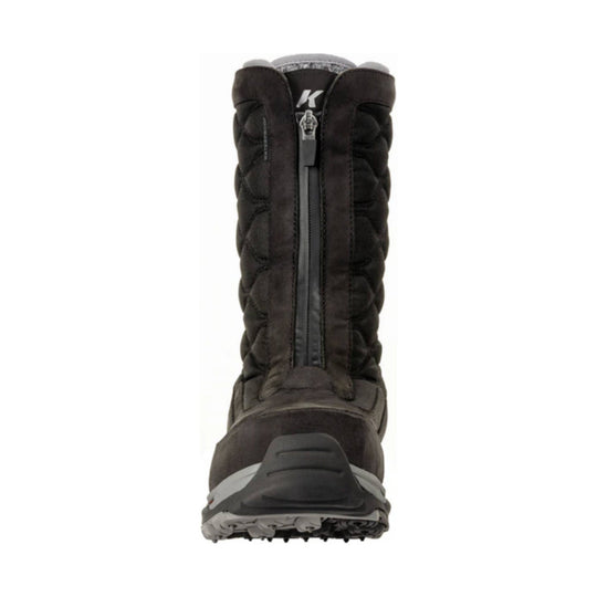 Black insulated pull-on winter boot with front zipper, quilted shaft, and rugged treaded sole