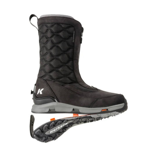Black insulated waterproof winter boot with quilted shaft and lugged sole, shown with tread view