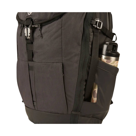Black backpack with front zip pocket, side water bottle pocket, and top carry handle