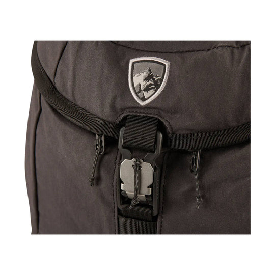 Dark backpack front pocket with strap buckle and mountain logo patch