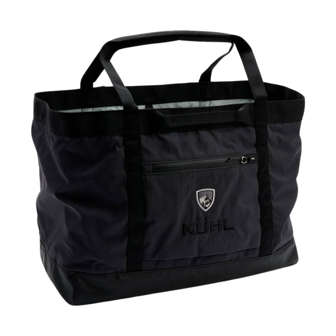 Black tote bag with webbing handles, front zip pocket, and shield logo