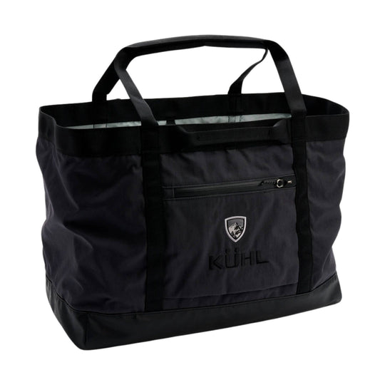 Black tote bag with webbing handles, front zip pocket, and shield logo