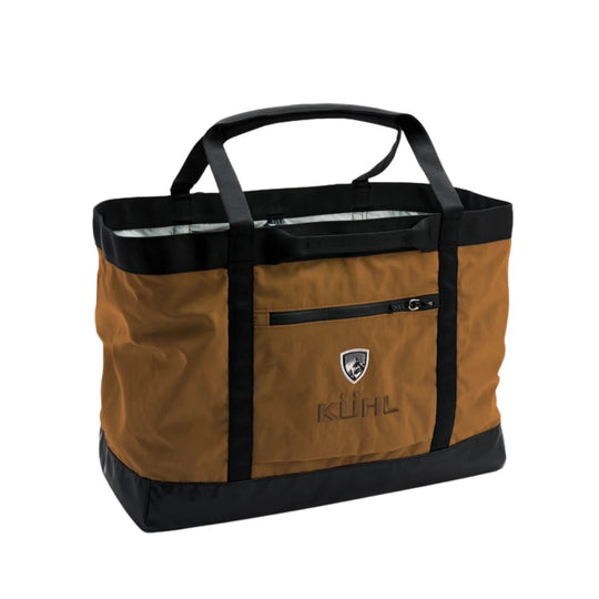 Brown and black open-top tote bag with handles, front zipper pocket, and KÜHL logo