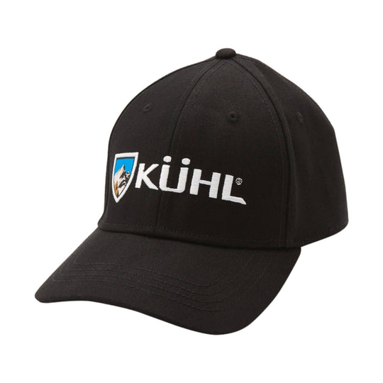 Black baseball cap with white KÜHL logo and shield patch on the front
