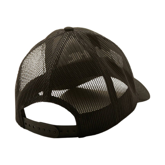 Dark mesh trucker cap shown from the back with adjustable snap strap