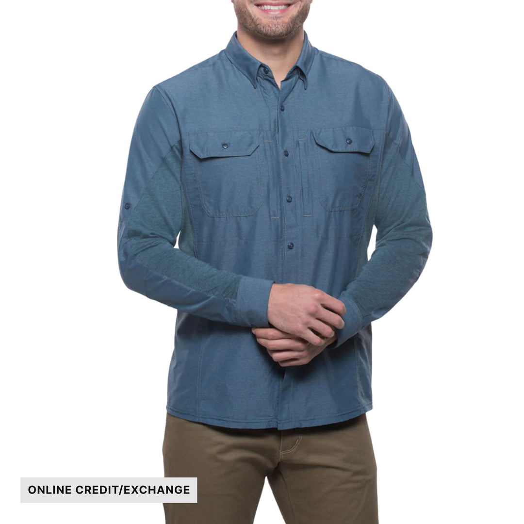 Blue long-sleeve button-up shirt with chest pockets and visible "ONLINE CREDIT/EXCHANGE" text