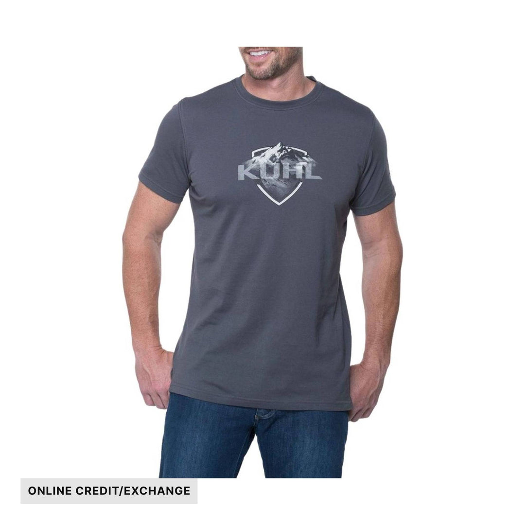 Charcoal crewneck T-shirt with a mountain shield graphic and the word Kuhl